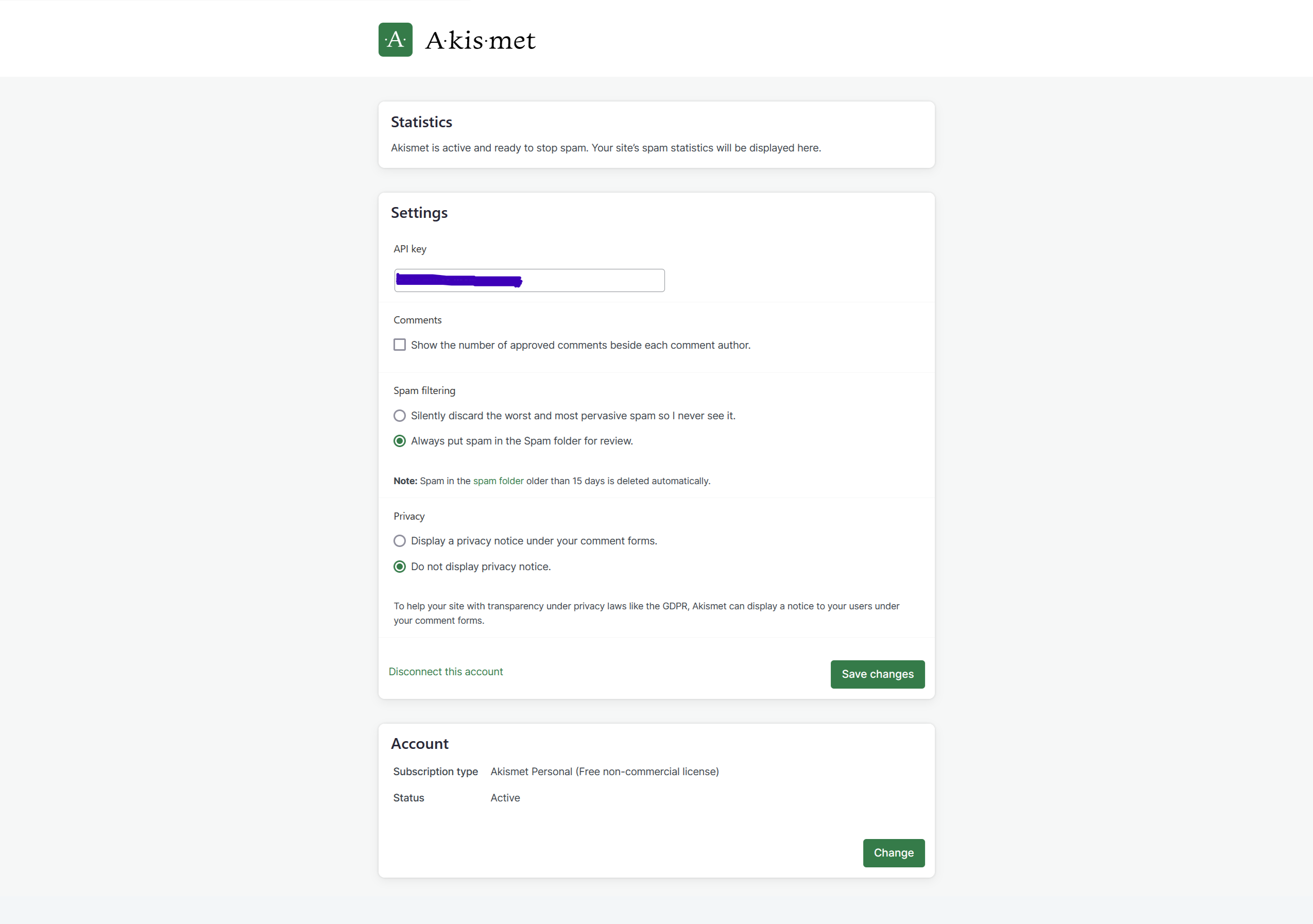 Akismet Anti-Spam plugin settings