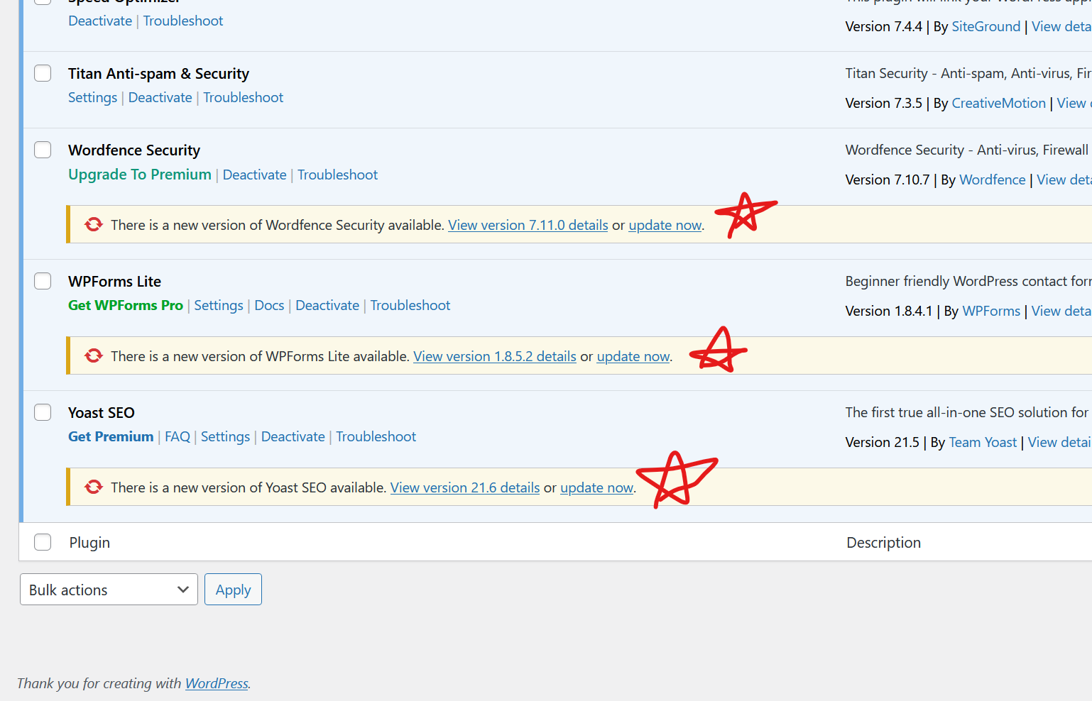 pluginUpdatesRequired WordPress plugins requiring updates