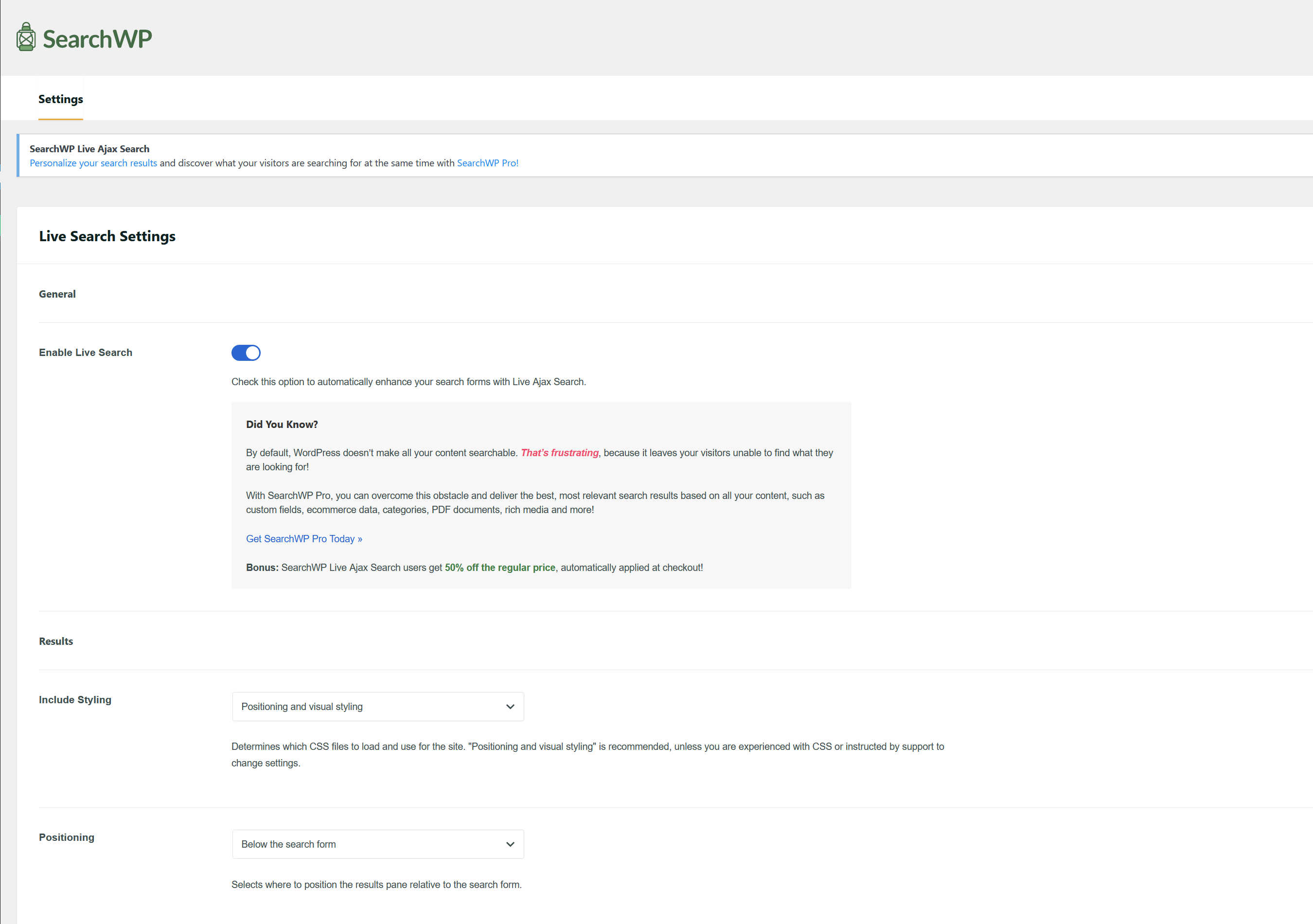 SearchWP plugin settings