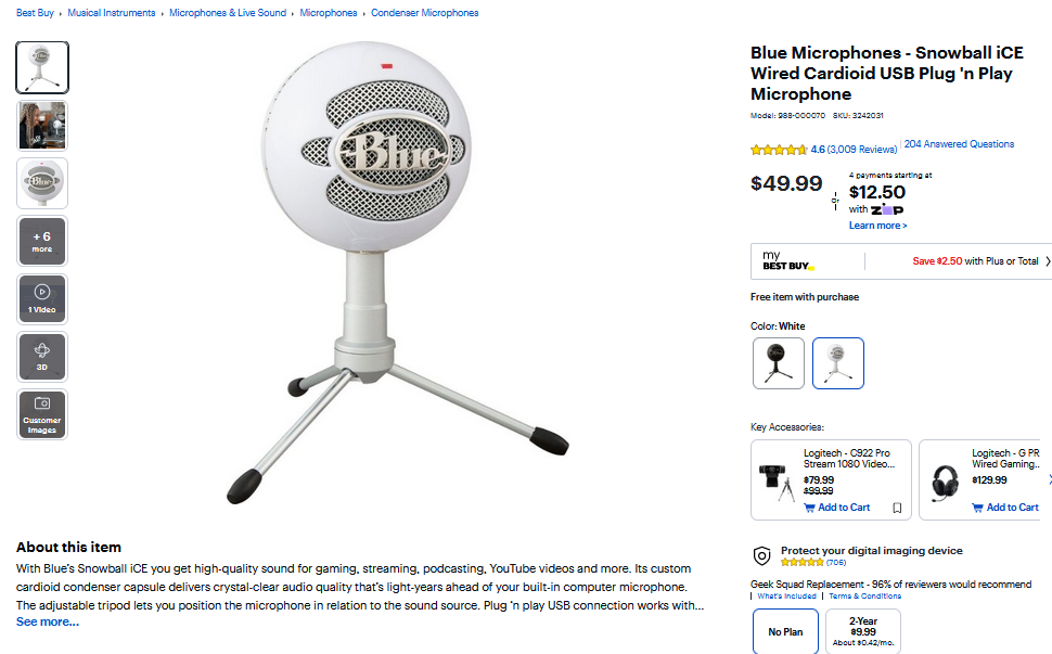 Blue Snowball microphone on Best Buy website