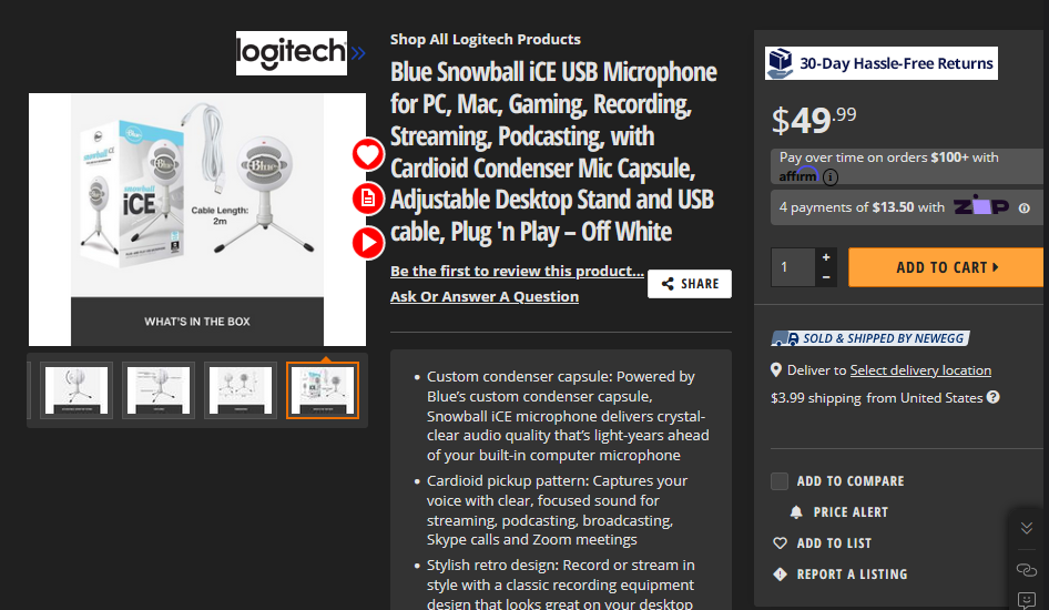 Blue Snowball microphone on Newegg website