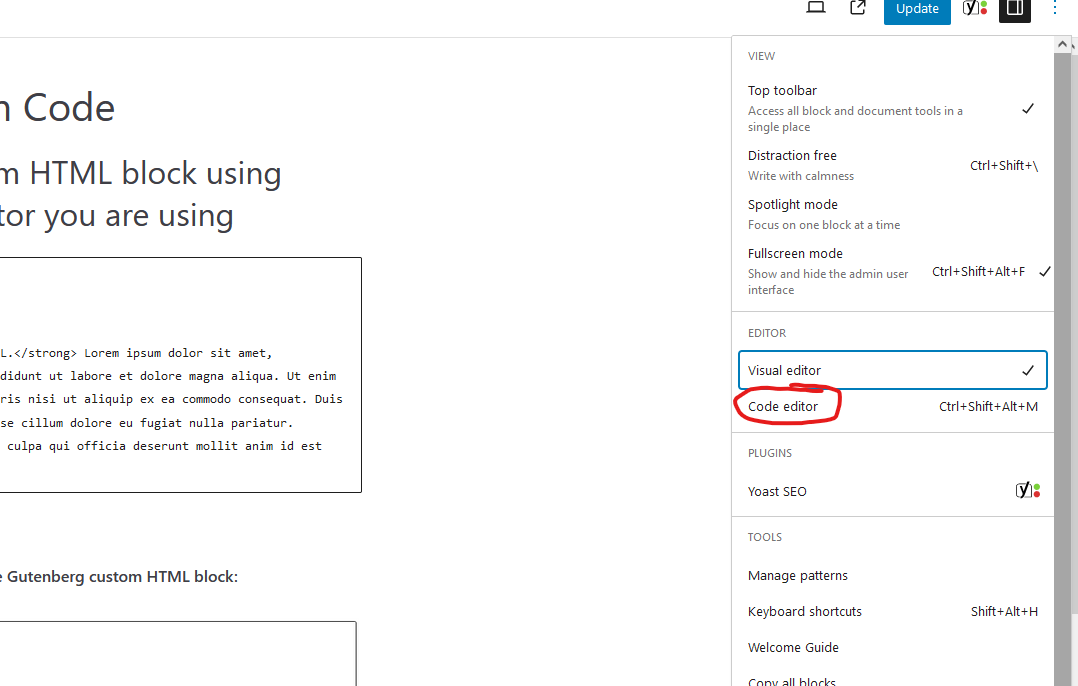 Selecting code editor mode