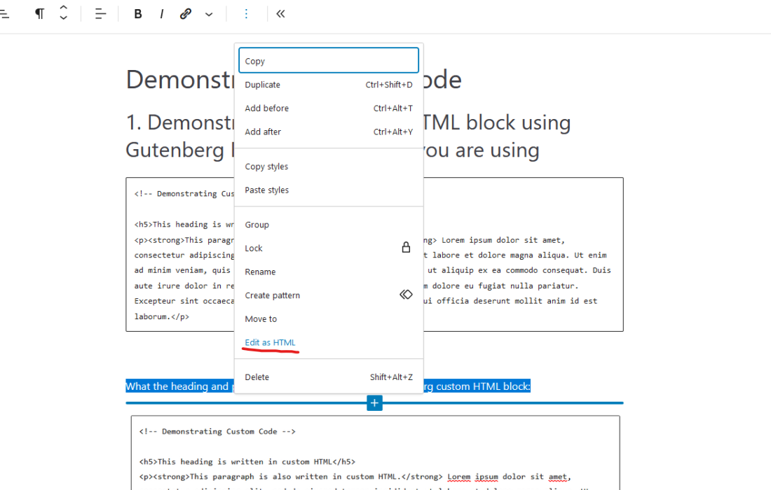 Selecting "edit as HTML" WP option