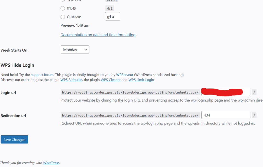 WPS Hide Login plugin settings