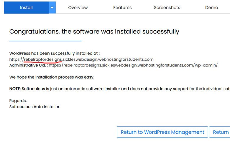 WP installation complete screen